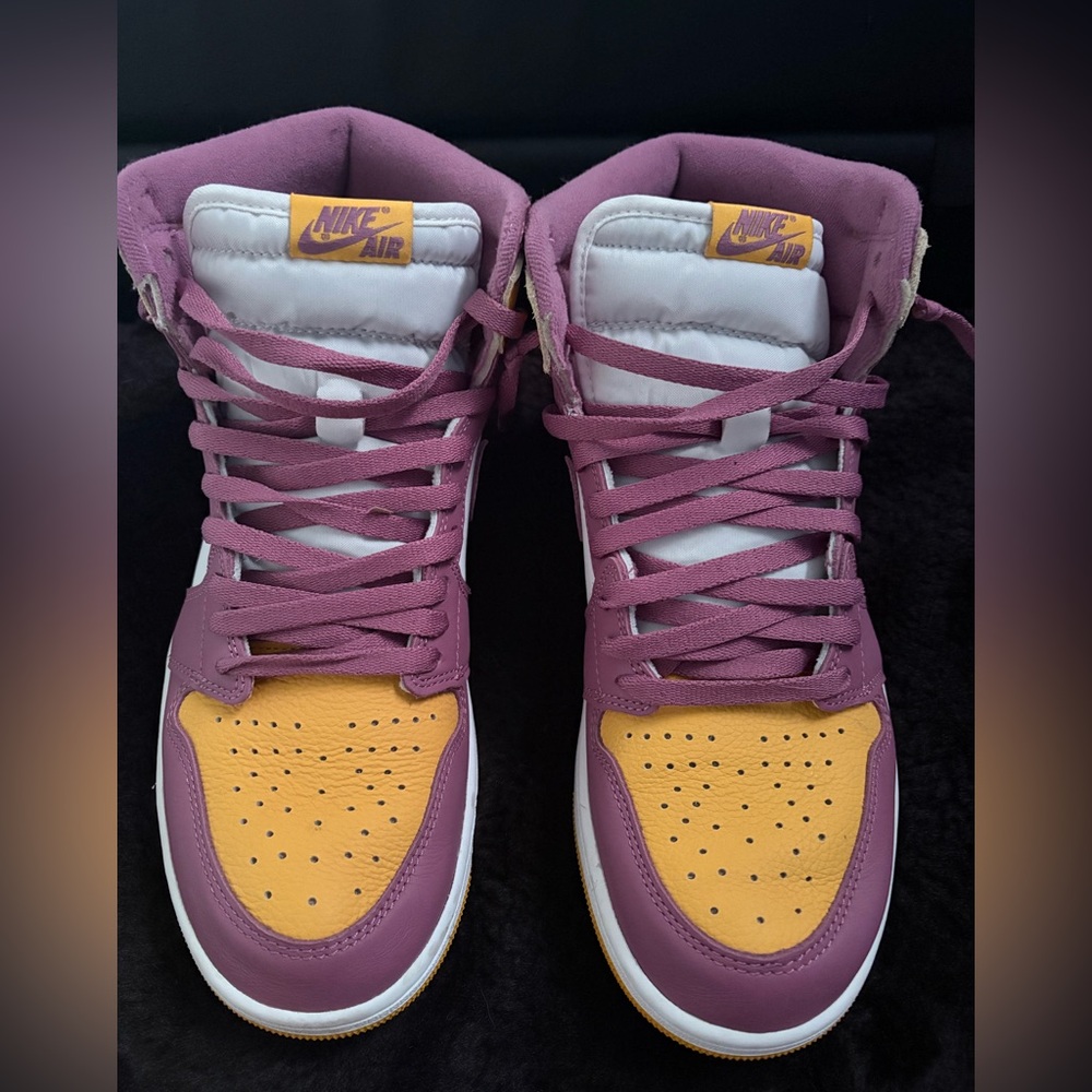 Nike Jordan 1 High Purple and Gold/Orange Sneakers